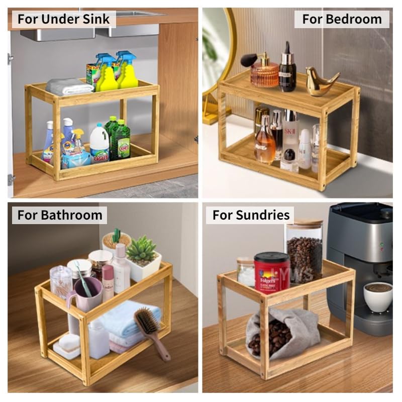 Bamboo 2-Tier Countertop Organizer, Multi-Function Wooden Storage Tray for Bathroom, Kitchen, Bedroom, Dresser; Wood Under-Sink Container, Home Storage Holder Lotion Makeup Cosmetics Perfume Vanity