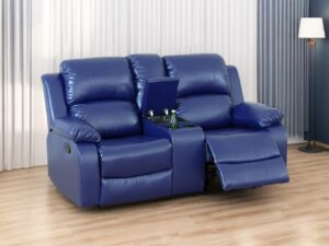 dekmxas 2 seater recliner loveseat, bonded leather couch living room furniture, manual reclining loveseat couch with cup holders and storage console for home/rv car(bonded leather blue, loveseat)