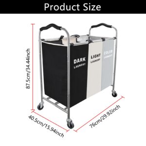 Laundry Sorter 3 Section, 240L Large Laundry Cart with Wheels 3 Hamper Laundry Sorter with Steel Frame and Removable Bag for Dirty Clothes in Laundry Room Bedroom