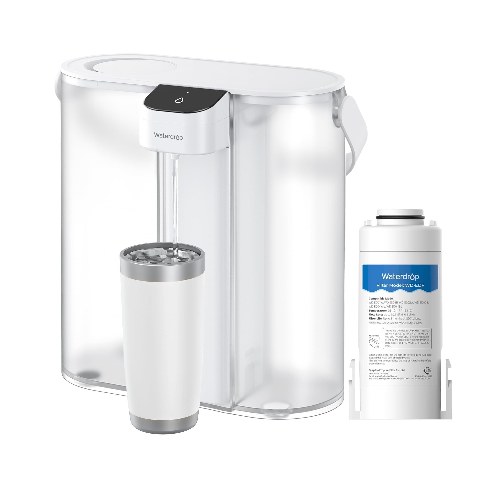 Waterdrop Compact Electric Water Filter Pitcher, Dispenser, 200-Gallon Water Filter for Fridge, NSF/ANSI 42&53&401, Reduce PFAS, Lead, Chlorine, 14-Cup, White, with 1 Filter, Does not Lower TDS