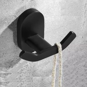 YUET Brass Bath Towel Hook, Heavy Duty Double Robe Wall Hooks, Wall Mounted Shower Hanger, Modern Coat Hook, for Bathroom Bedroom Hotel Kitchen Garage, Matte Black