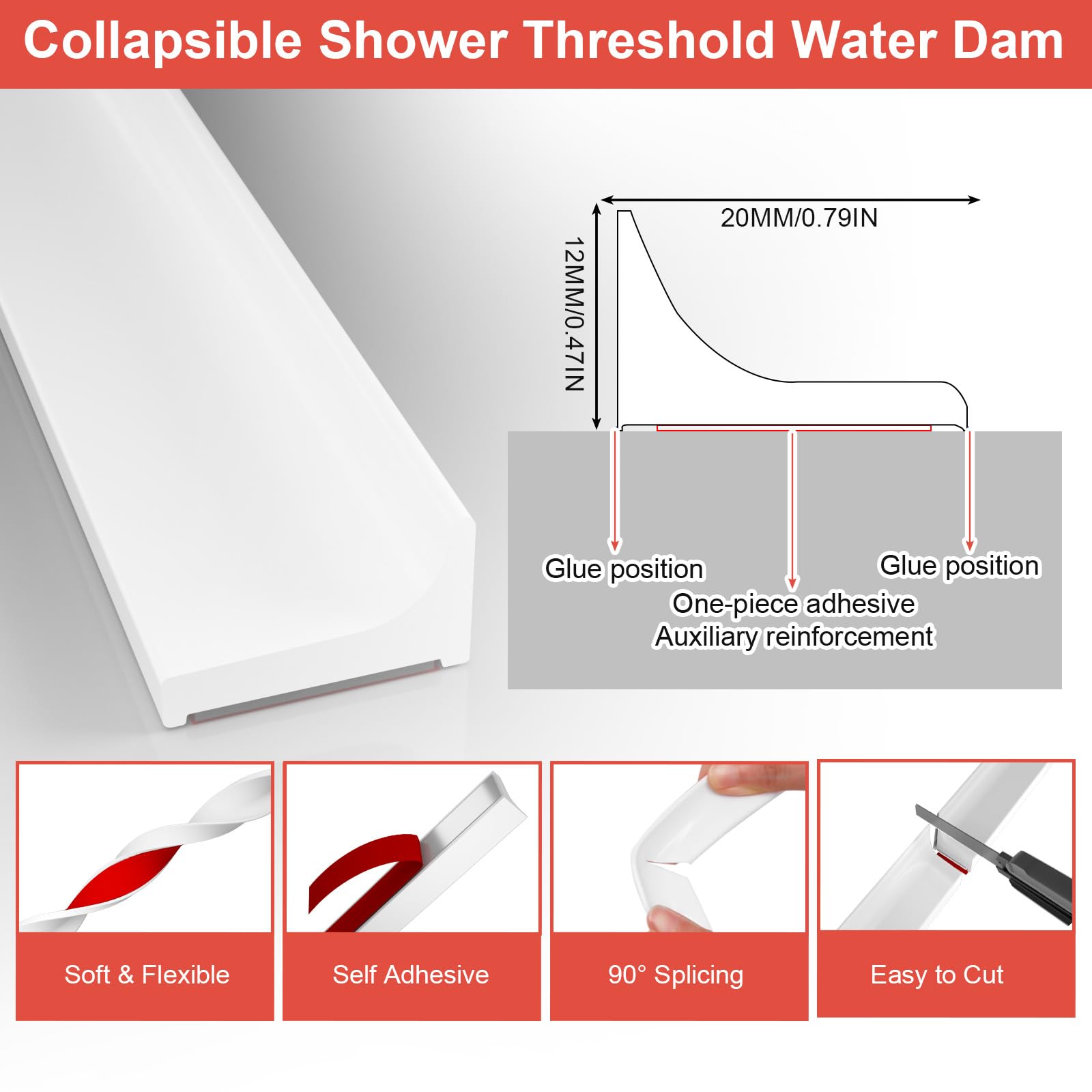 Shower Threshold Water Dam Barrier - Jobon Self-Adhesive Silicone Collapsible Shower Water Splash Guard for Kitchen Sink Bathroom Shower Bathtub (White, 138 Inch/3.5M)