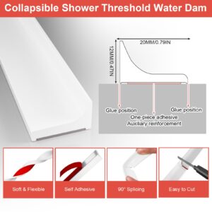 Shower Threshold Water Dam Barrier - Jobon Self-Adhesive Silicone Collapsible Shower Water Splash Guard for Kitchen Sink Bathroom Shower Bathtub (White, 98 Inch/2.5M)