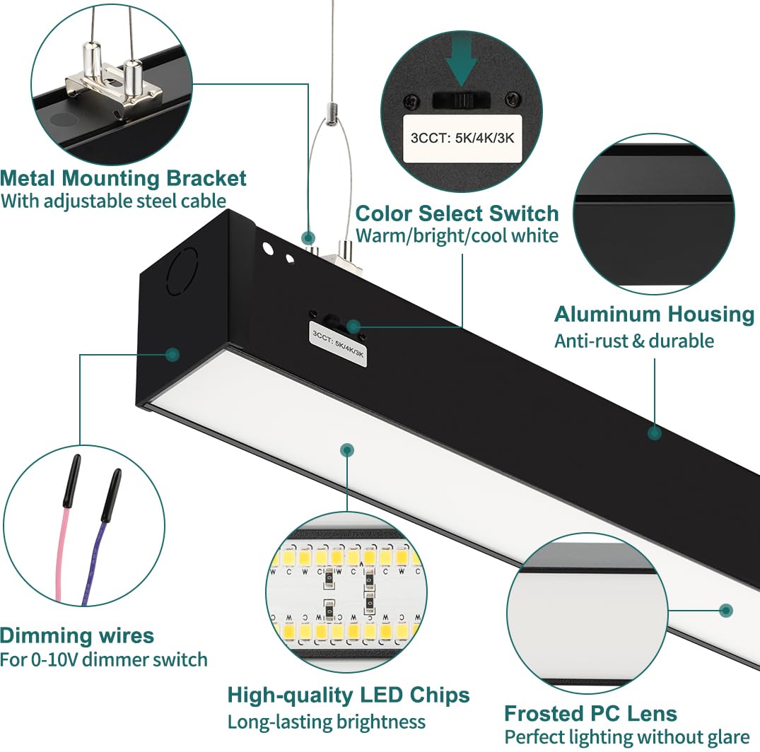 kadision 8FT LED Linear Light, 100W 13000lm 3000K/4000K/5000K Selectable, 0-10V Dimmable Suspended Linear Light Fixture for Office Retail Showroom, ETL-Listed 2-Pack