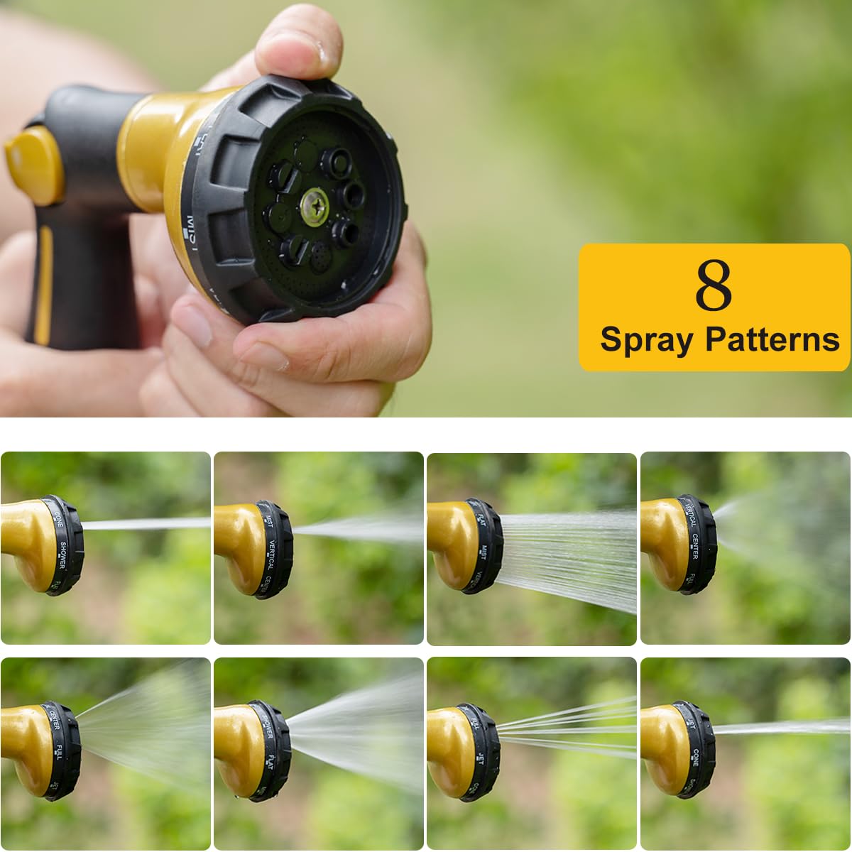 FANHAO Garden Hose Nozzle Heavy Duty, 100% Metal Water Hose Sprayer with 8 Spray Patterns, High Pressure Spray Nozzle Thumb Control On Off Valve for Outdoor Lawn & Plant Watering, Car & Pet Washing