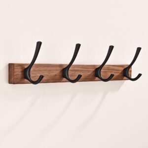 lechyn 17.3" small walnut wood coat rack wall mount with 4 hooks, heavy duty wooden jacket hanger door mounted for decorative entryway and bathroom hanging towel backpack purse clothes hat key black