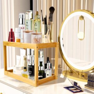 Bamboo 2-Tier Countertop Organizer, Multi-Function Wooden Storage Tray for Bathroom, Kitchen, Bedroom, Dresser; Wood Under-Sink Container, Home Storage Holder Lotion Makeup Cosmetics Perfume Vanity