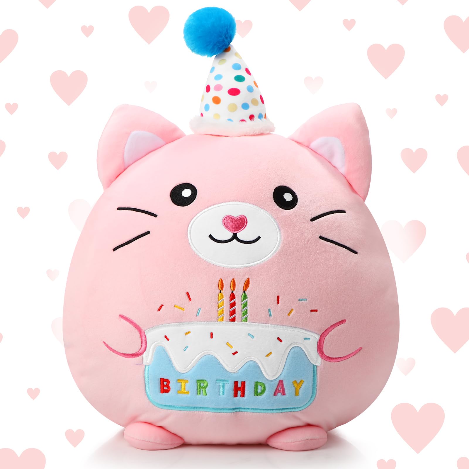 Leyndo 16 Inch Birthday Stuffed Animals Birthday Cat Plush Throw Pillow Cute Stuffed Kitten Plushie Soft Cat Plush Pillow for Kids Adults Birthday Party Favor Gift Sofa Bedroom Decorations