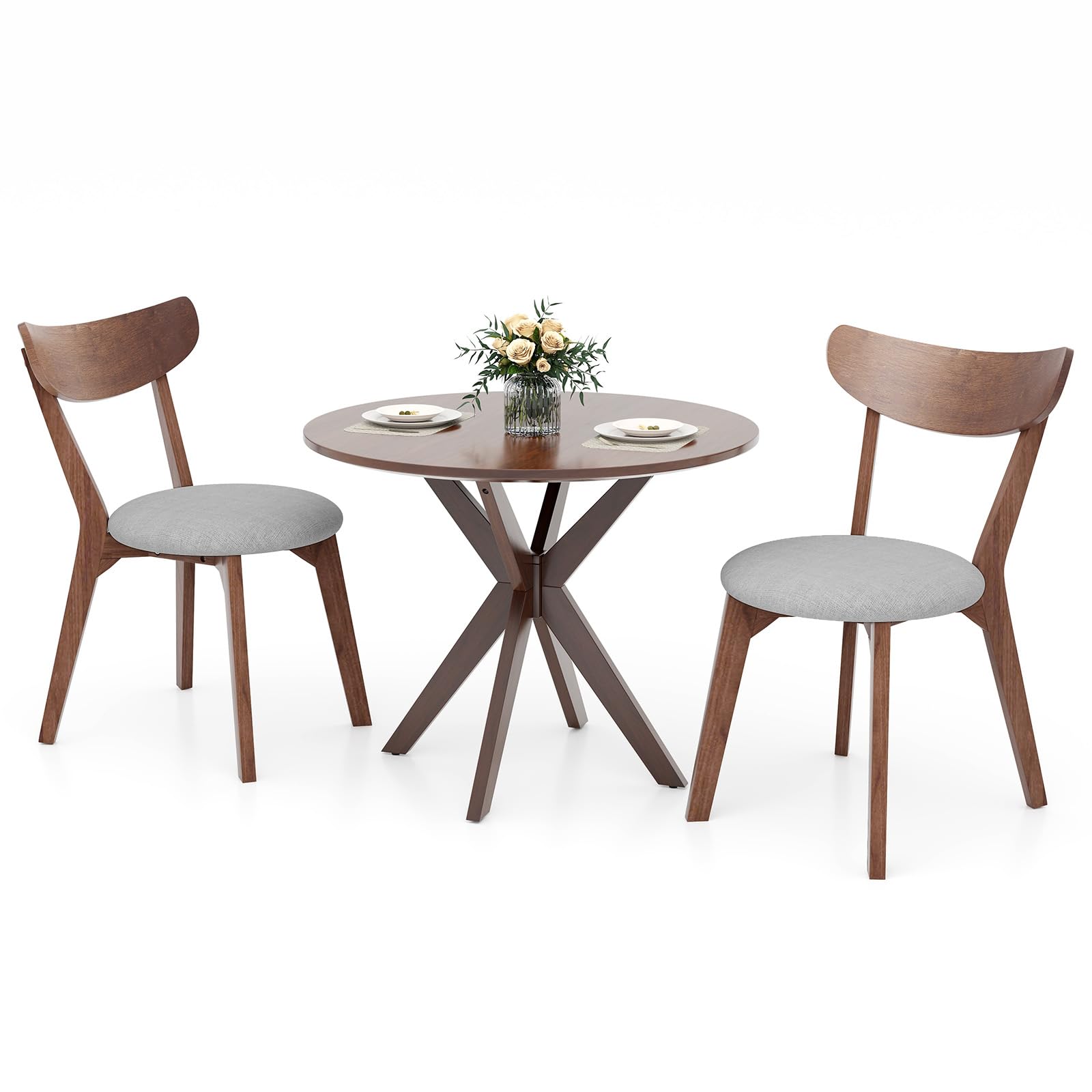 ERGOMASTER Dining Table Set for 2, Small Kitchen Table Chairs Set of 2, Mid-Century Wooden Round Dining Table and Two Dining Chairs for Dining Room, Kitchen, Café, Restaurant, Living Room…