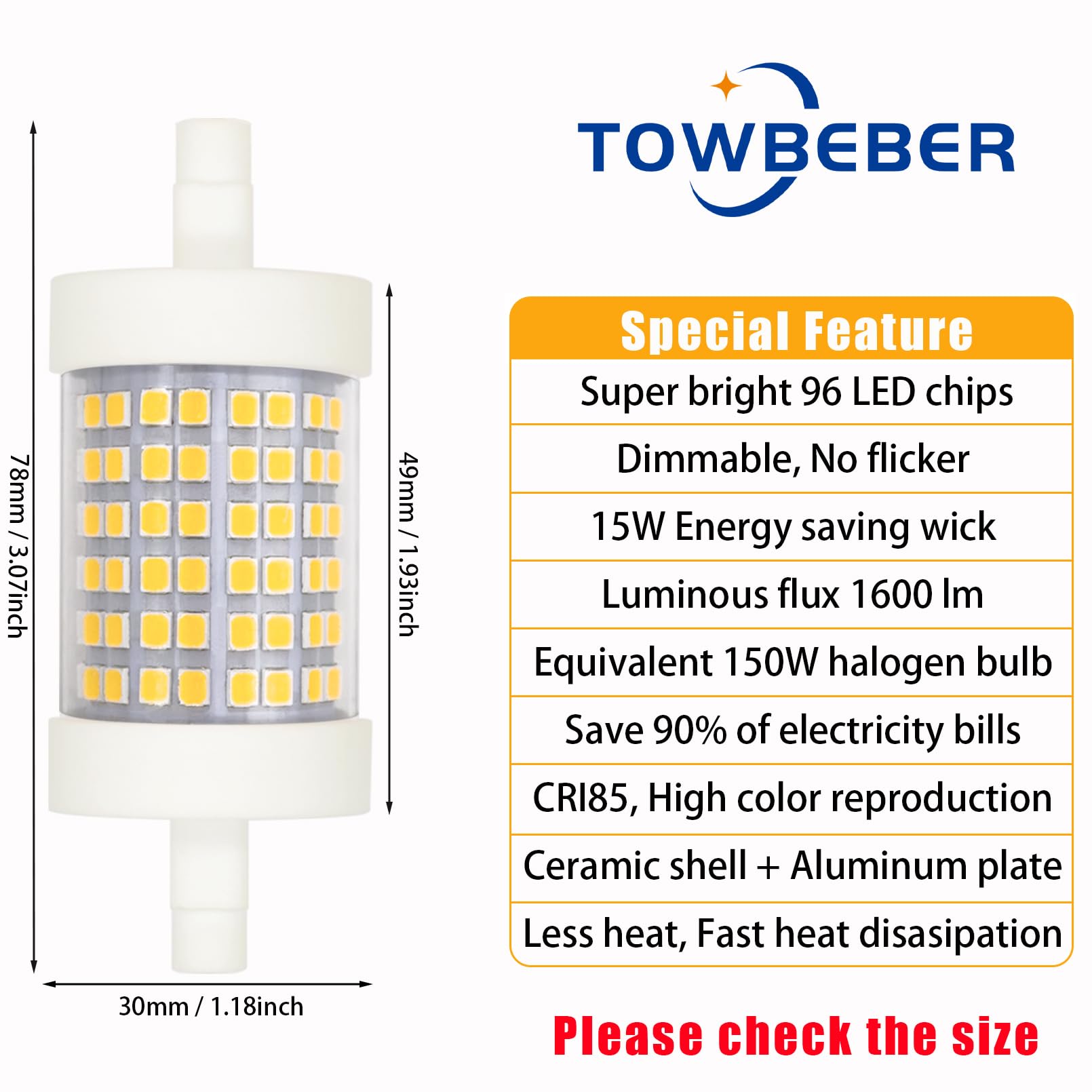 TOWBEBER R7s LED Bulb 78mm Dimmable, 15W Double Ended J78 Base T3 Floodlight 150W LED Halogen Replacement Bulbs 1600 lm Contains 96 LED Chips, 4000K Natural White CRI 85 (Pack of 2)