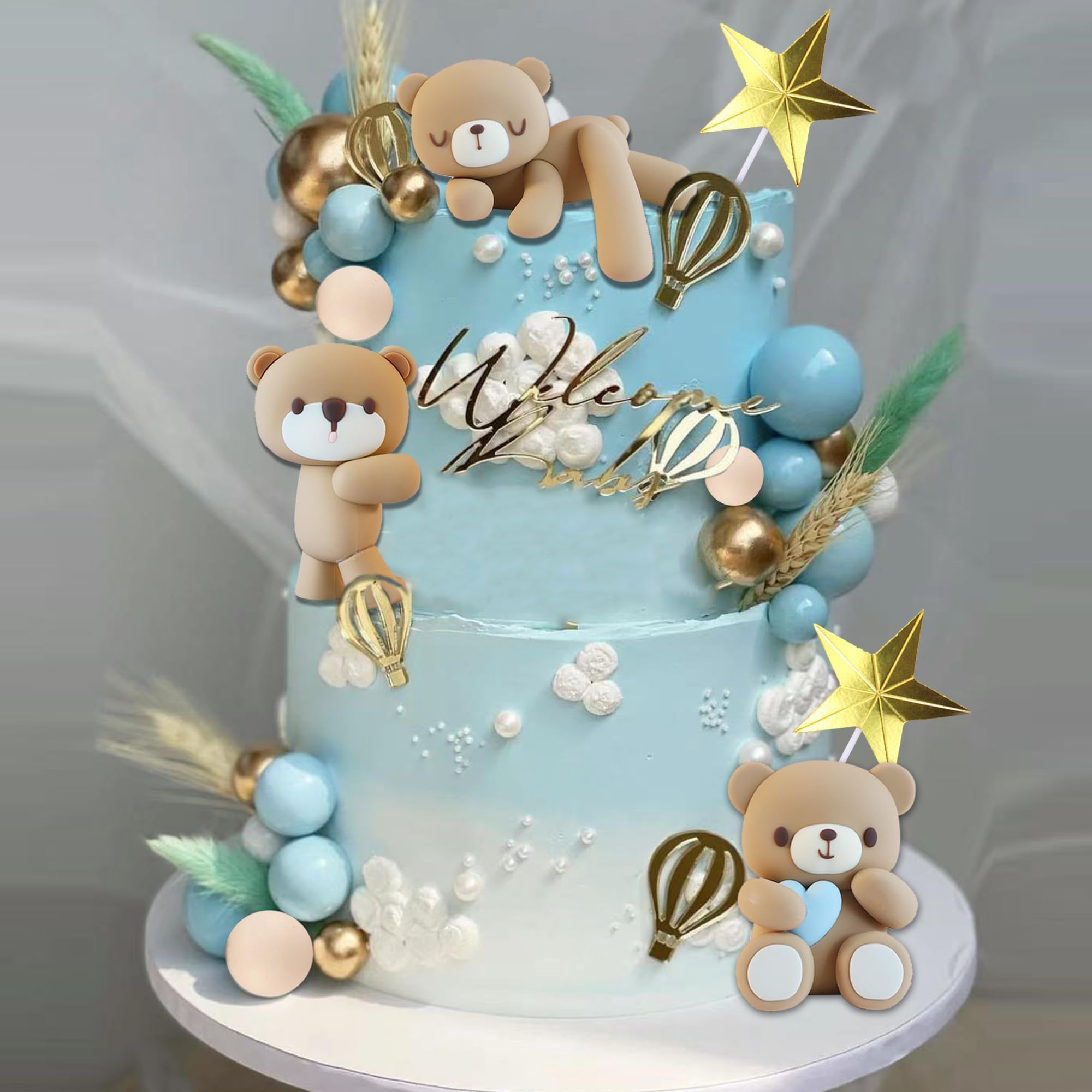 Bear Cake Toppers Bear Balls Cake Decorations with BABY Letters for Boy Girl Baby Shower Birthday Party Decorations (Blue)