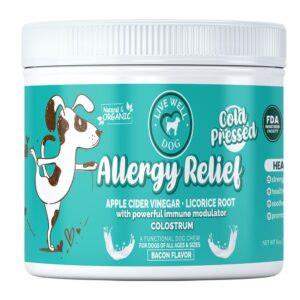 live well dog allergy relief soft chews for dogs - anti itch supplement - apple cider vinegar, licorice root, valerian root, and colostrum - soft chews for skin & seasonal allergies - 120 count