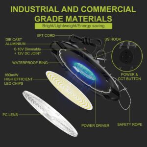 Hylele UFO LED High Bay Shop Light 200W/150W/100W Adjustable 6000K/5000K/4000K Dimmable Commercial Bay Lighting 100-277V Plug&Play for Factory Warehouse