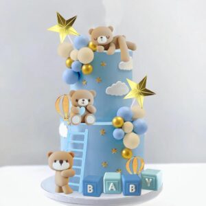 bear cake toppers bear balls cake decorations with baby letters for boy girl baby shower birthday party decorations (blue)