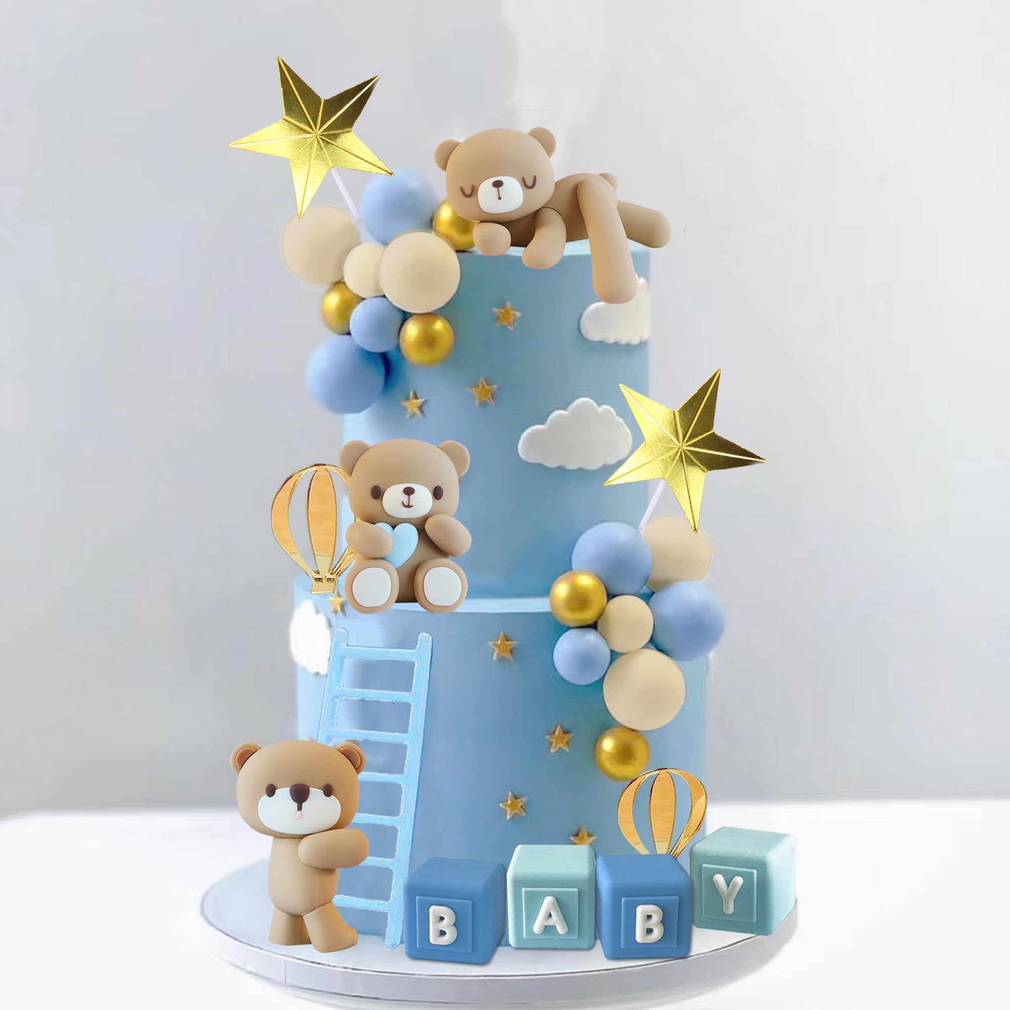 Bear Cake Toppers Bear Balls Cake Decorations with BABY Letters for Boy Girl Baby Shower Birthday Party Decorations (Blue)