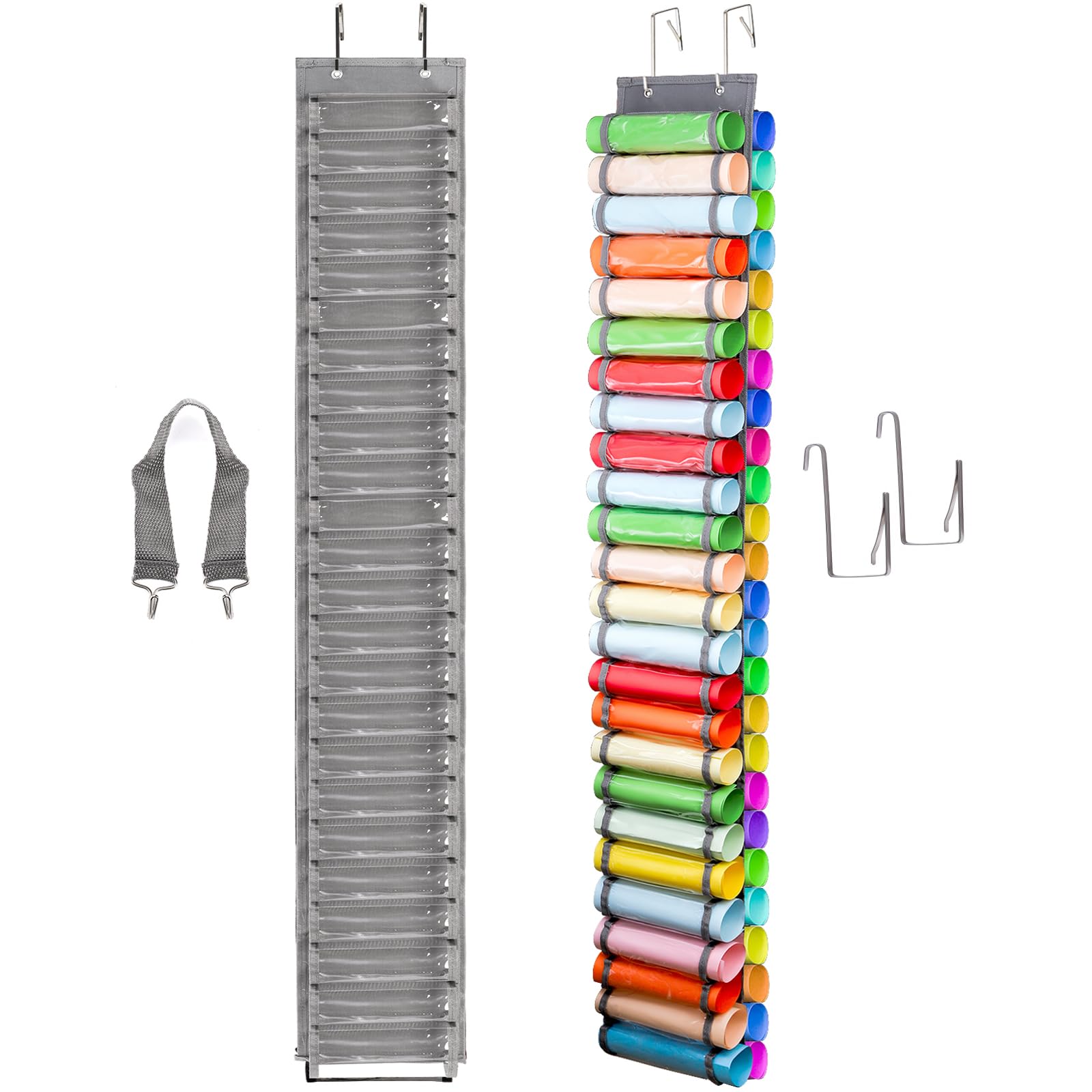 Elsjoy 50-Compartment Vinyl Roll Holder with Hooks and Strap, Hanging Vinyl Organizer Wall Mount Vinyl Roll Storage Rack, Double-Sided Craft Vinyl Organizer for Home, Craft Room