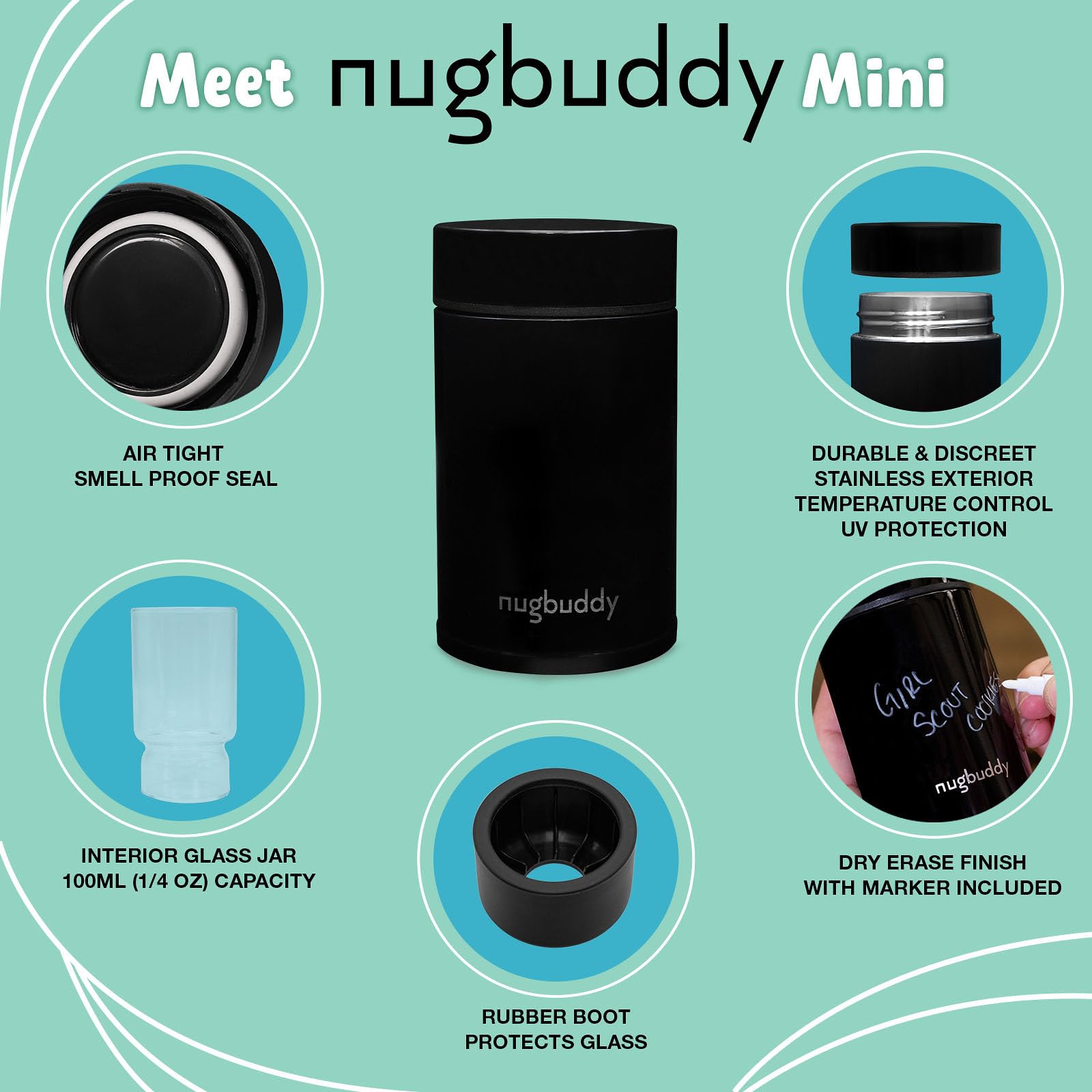 nugbuddy Mini Airtight Storage Container - Vacuum Sealed Insulated w Nested Glass Jar - UV Protection, Temperature Controlled Stainless - Whiteboard Finish w Marker Included - 100 ml (1/4 Oz)