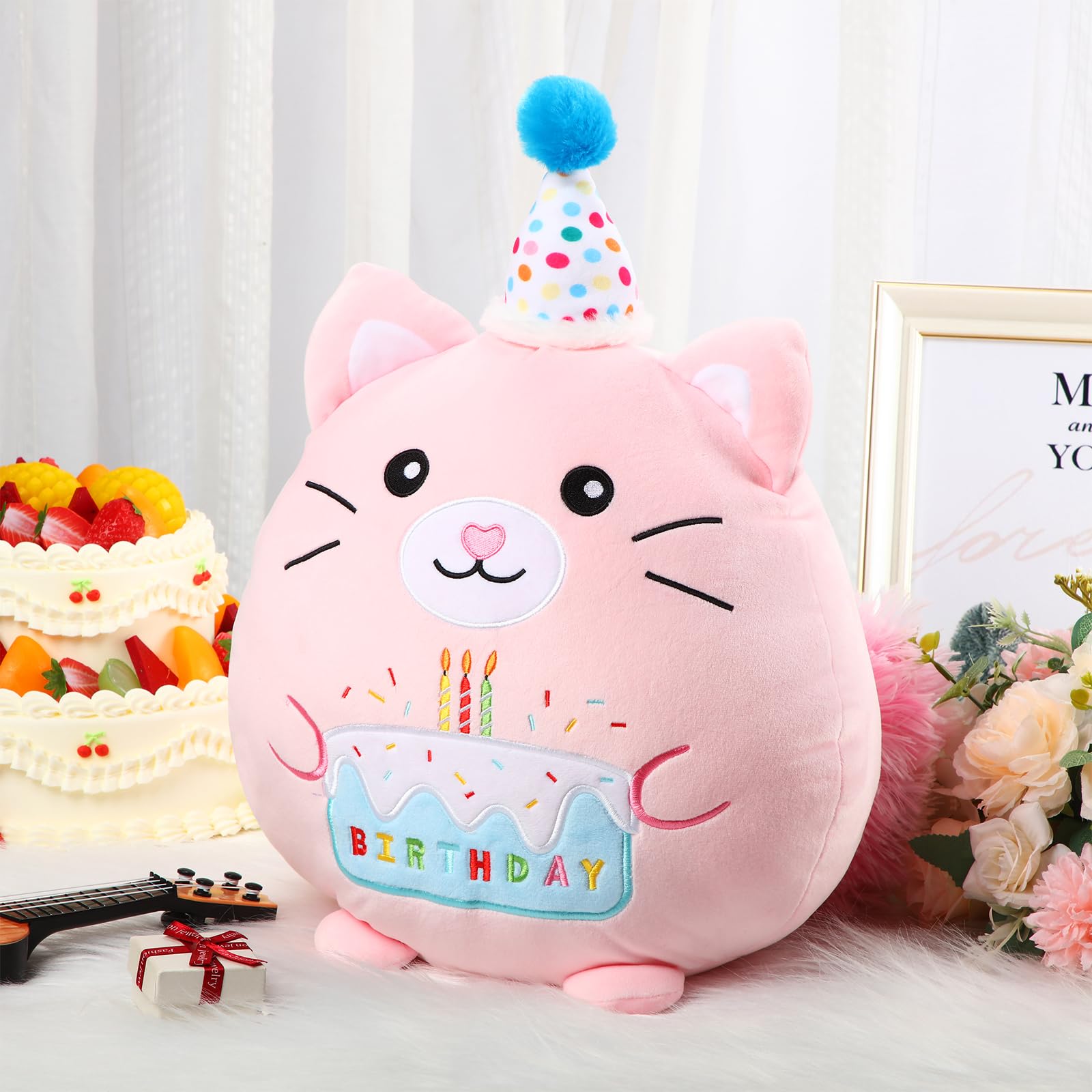 Leyndo 16 Inch Birthday Stuffed Animals Birthday Cat Plush Throw Pillow Cute Stuffed Kitten Plushie Soft Cat Plush Pillow for Kids Adults Birthday Party Favor Gift Sofa Bedroom Decorations