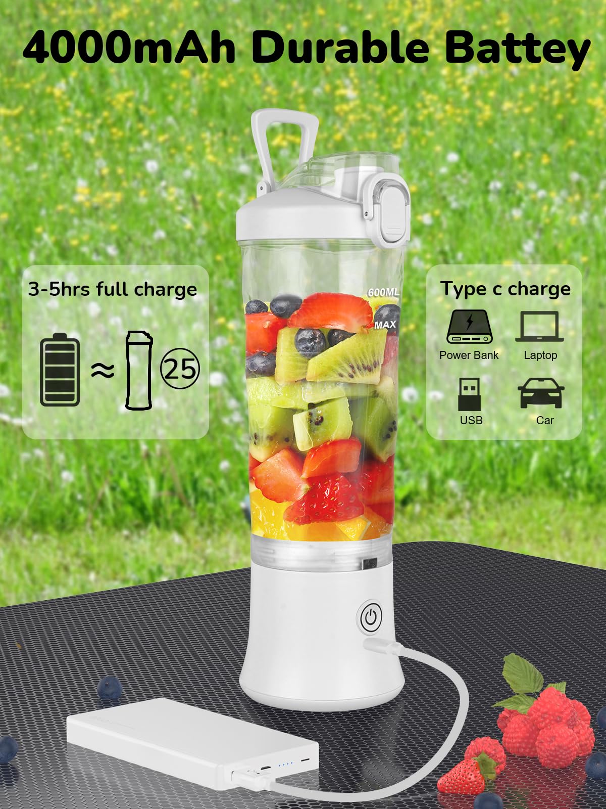 Portable Blender 20oz Large Capacity, 6 Blades Mini Blender for Shakes and Smoothies, BPA Free Personal Blender with Rechargeable USB, Fresh Juice Blender for On the Go, White