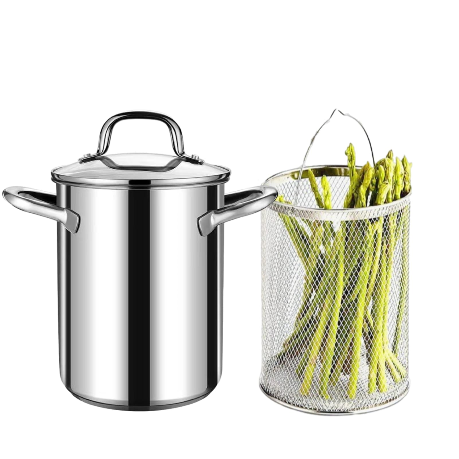 GOVNPJ Asparagus Pot, Asparagus Steamer Stainless Steel Steamer Cooker 4L Pasta Pot with Strainer Pasta Cooker for Spaghetti, Oil Deep Fry Pan for French Fries