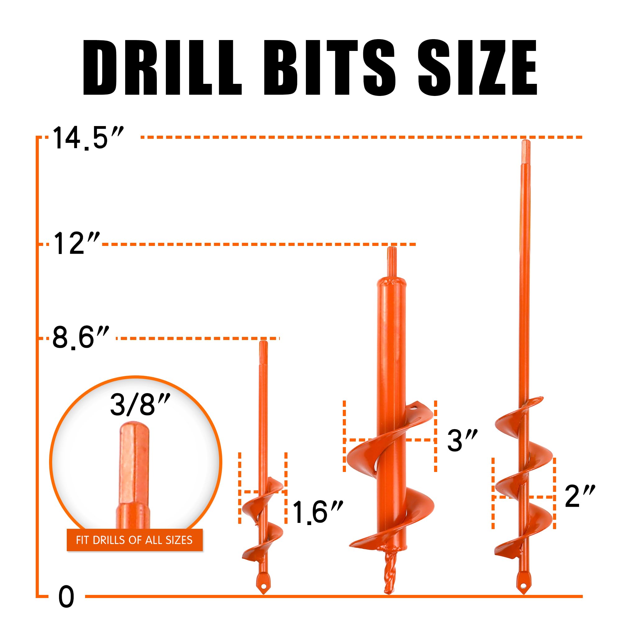 Auger Drill Bit for Planting Set of 3, (1.6x8.6, 3x12, 2x14.5) for 3/8" Hex Drive Drill, Easy Planter Garden Auger, for Post Hole Digger Bulb Bedding Digging Plant Rapid Planter