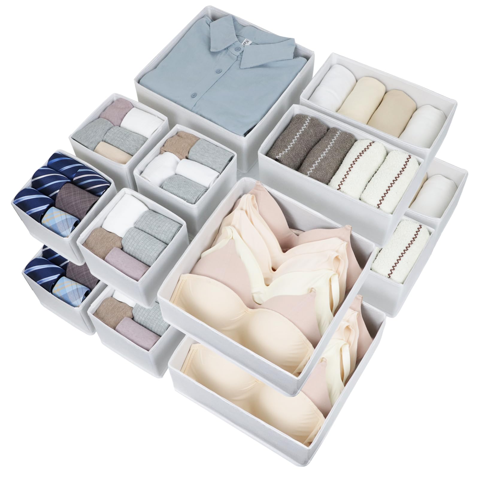 Fordonral 16 Pcs Drawer Organizer,Fabric Closet Organizer and Storage Baskets,Foldable Drawer Divider for Clothing,Sock,Ties,Underwear Drawer Organizers,Cabinet Storage Boxes (White)