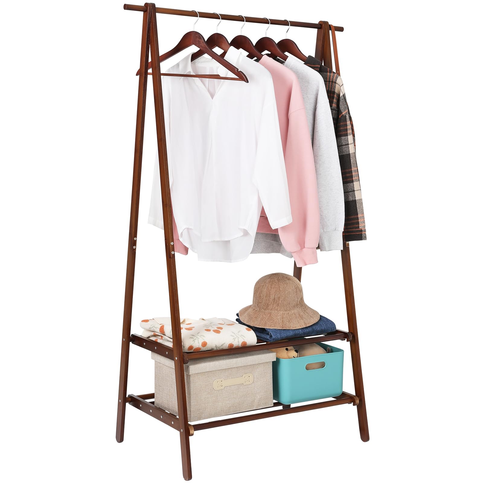 Jotsport Bamboo Clothing Rack Foldable Clothes Hanging Stand with 2 Tier Storage Shelf for Laundry, Guest Room, Apartment, Entryway