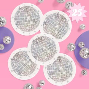 xo, fetti disco ball napkins - 3-ply, 25 pcs shimmer iridescent | last disco bachelorette decorations, groovy retro birthday party supplies, nye tableware, 70s baby shower, space cowboy