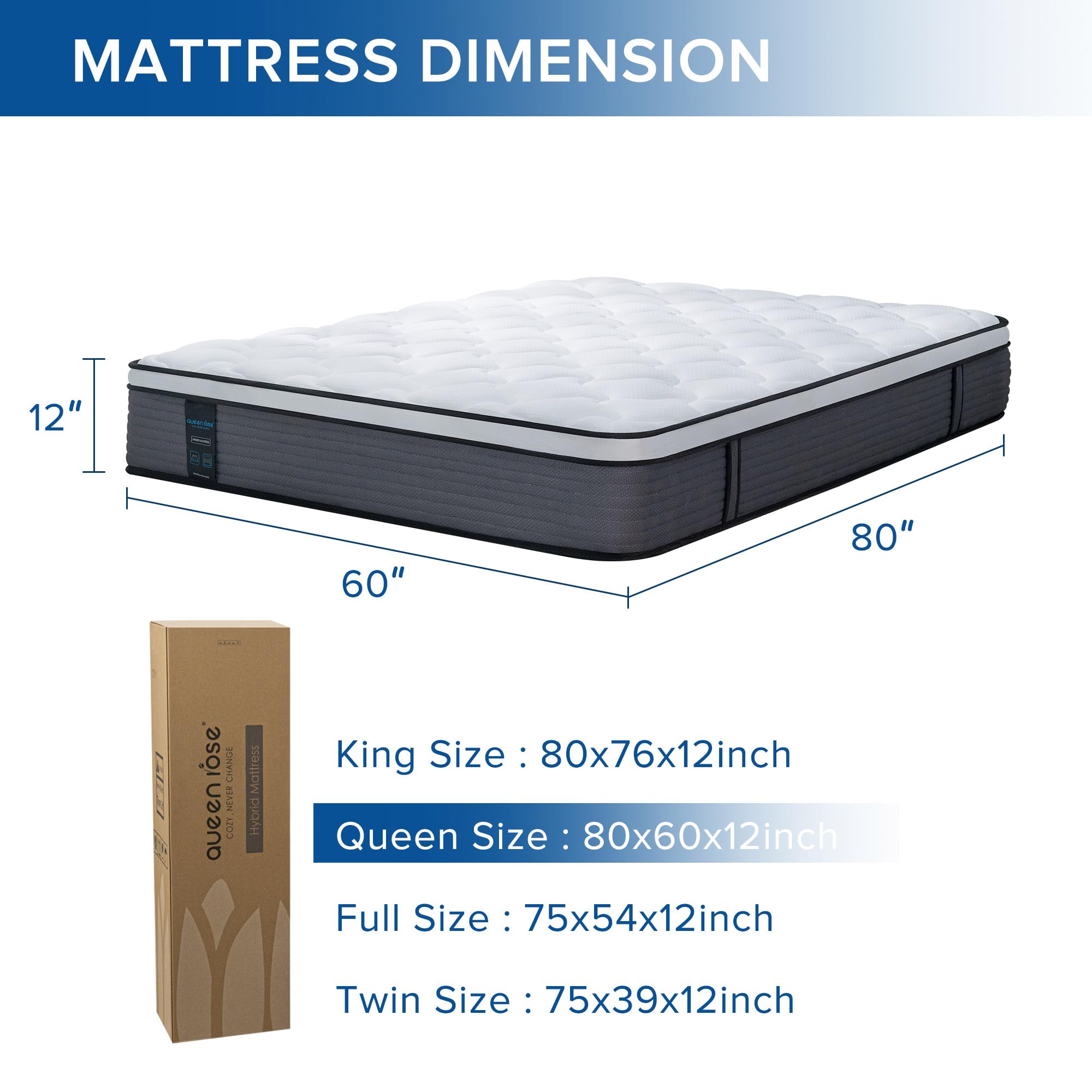 Queen Mattress, Medium Firm Feel, 12 Inch in a Box, Hybrid Memory Foam Pocketed Coil, Pillow Top Cotton Blend Cover, Pressure Relief Breathable, CertiPUR-US