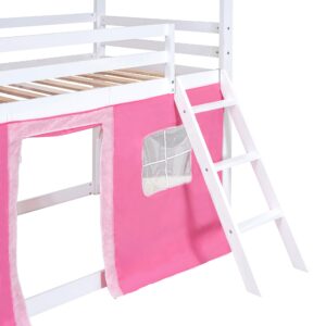 SOFTSEA Full Over Full Bunk Bed Frame, Floor Low Bunk Bed with Tent and Windows Sills, Wood Bunk Bed Frame with Slide Ladder and Guardrails, Full Size House Shaped Bunk Bed for Kids, Pink