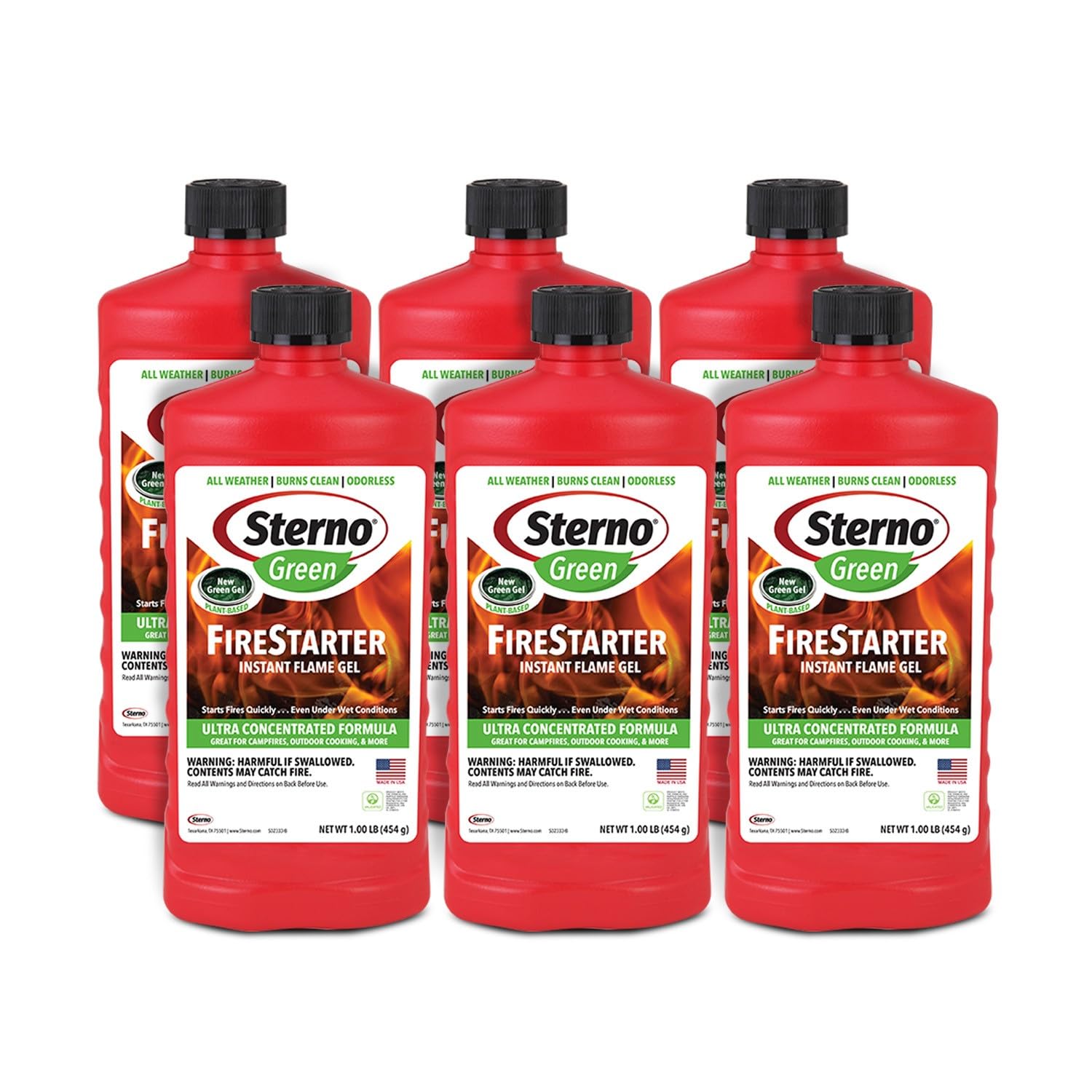 Sterno Fire Starter Fluid Gel Green Firestarter for Instant Flame, Concentrated Ethanol Fuel for Camp Fire or Fireplace, All-Weather Ethanol Burner for Indoor & Outdoor, 16 Oz Each, Pack of 6 Bottles