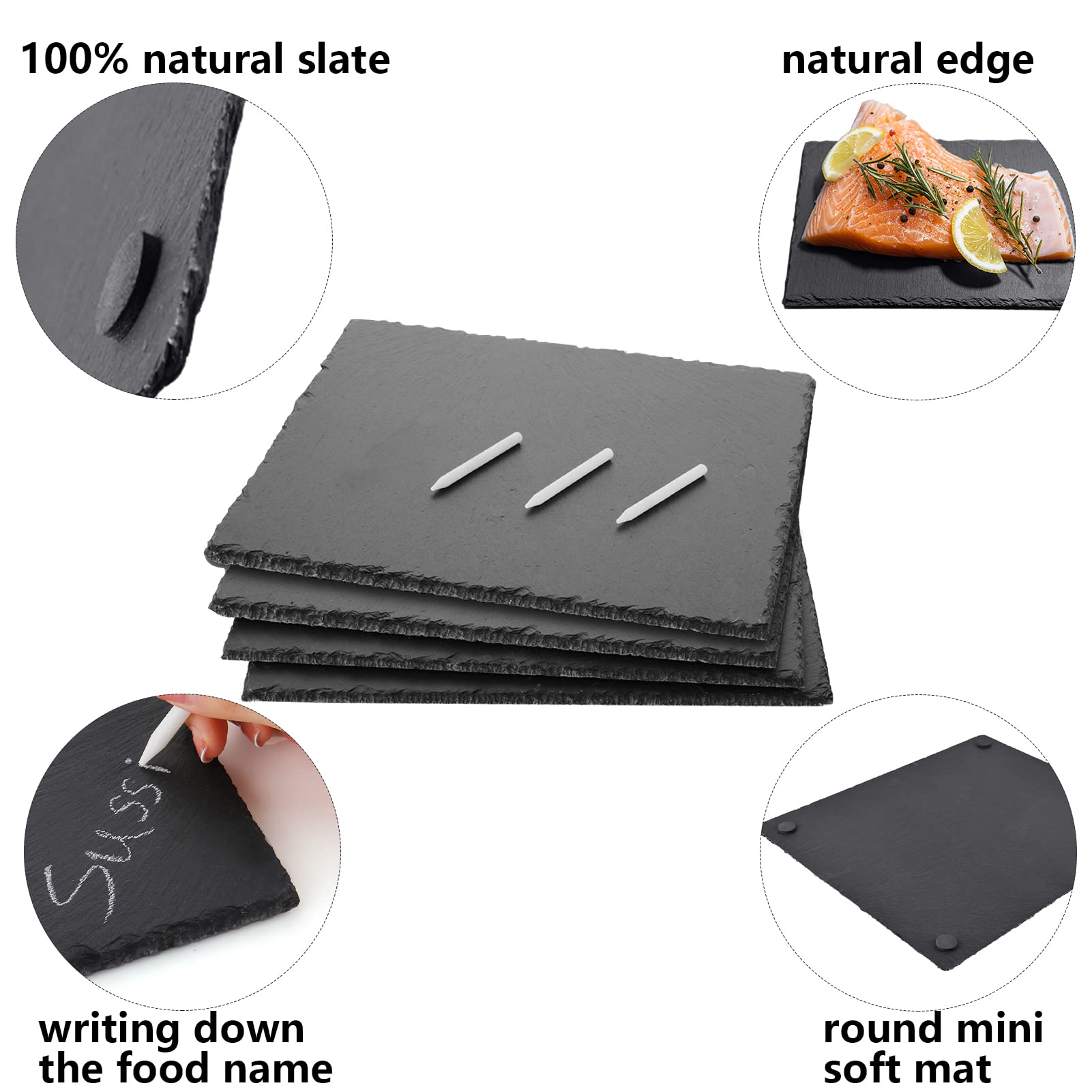 MAPRIAL 11 x 11 In 3 Pack Slate Cheese Boards, Dinner Plates Black Stone Plates Slate Charcuterie Board Gourmet Serving Tray Cheese Platter with Soapstone Chalk for Halloween Christmas, Party, Gifts