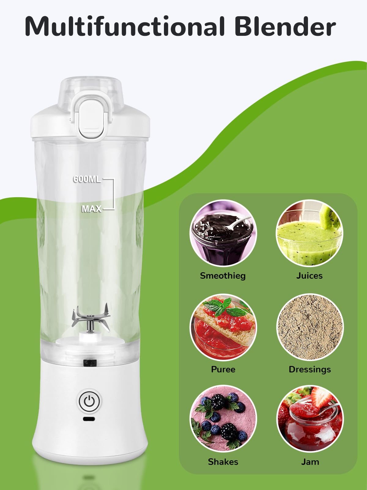 Portable Blender 20oz Large Capacity, 6 Blades Mini Blender for Shakes and Smoothies, BPA Free Personal Blender with Rechargeable USB, Fresh Juice Blender for On the Go, White