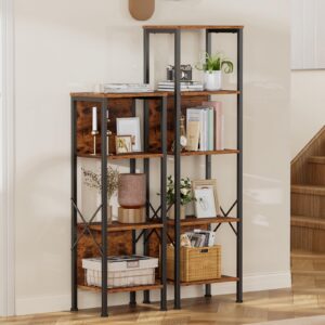 Furologee 4 Tier Small Bookshelf with Back, Short Narrow Bookcase with Shelves, Industrial Freestanding Shelf Units, Metal and Wooden Display Storage Rack for Bedroom, Living Room, Office, Entryway