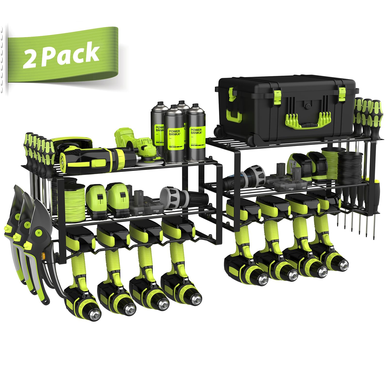 POSHGRAND Power Tool Organizer, 8 Drill Holder Wall Mount, 3 Layers Garage Tool Organizers and Tool Storage Rack, Heavy Duty Metal Tool Shelf for Screwdriver Plier Hammer Holder 17.15" 2 sets