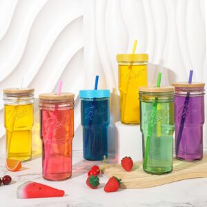 XLSXEXCL 6 Pack Mason Jar Cups with Lids and Straws, 24 OZ Reusable Ice Coffee Cups Mason Drinking Glasses Tumbler Cups Set for Boba Tea, Smoothies, Cold Brew, Beer