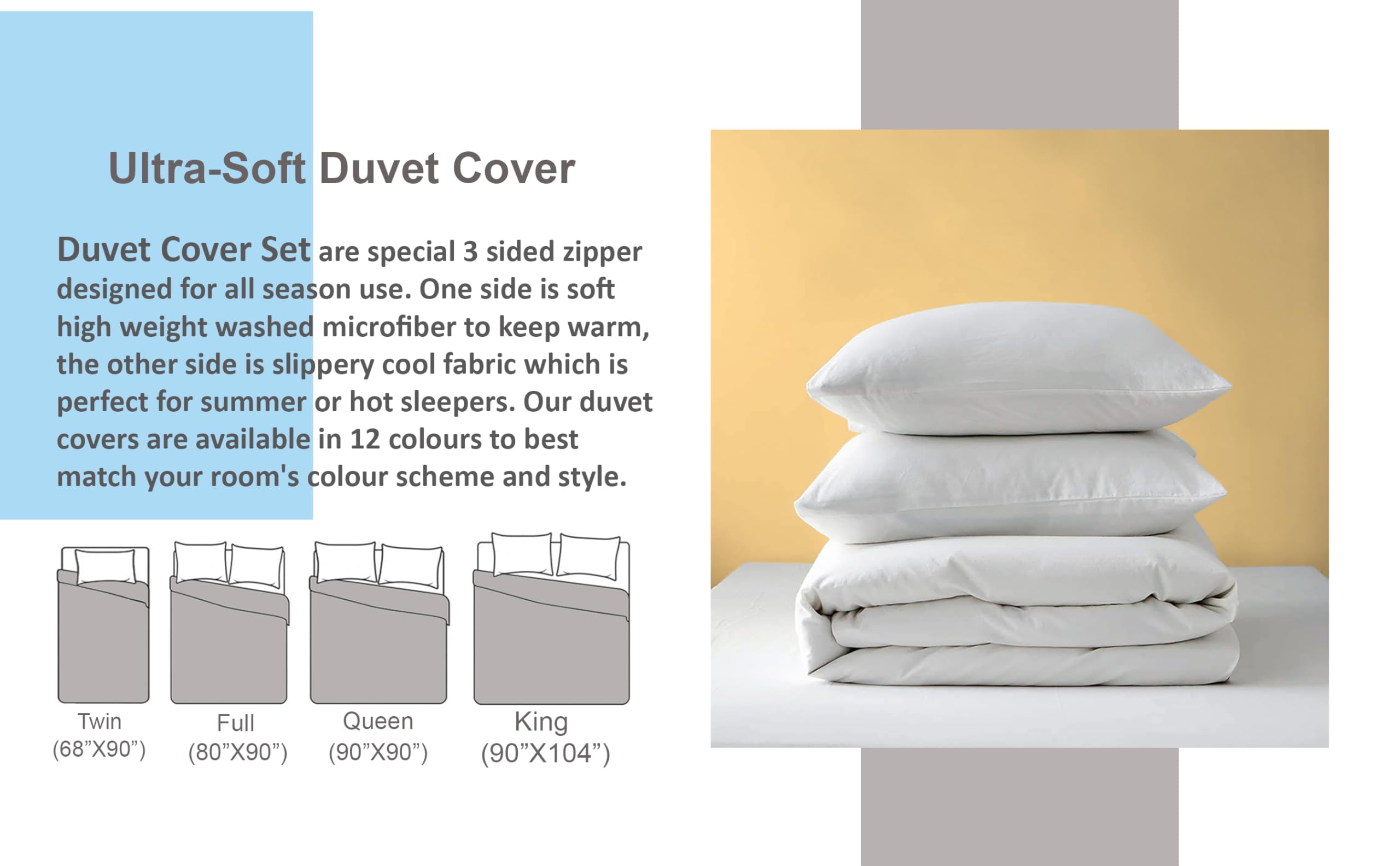 3 Sided Zipper Duvet Cover Set Queen Size White - Soft Microfiber Duvet Cover Set with 3 Sided Zipper Closure, 3 PCS Queen Size Duvet Cover (90"x90") & 2 Pillow Cases(20"x30"), NO Comforter