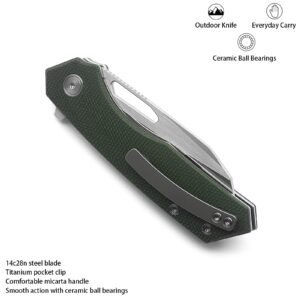 Miguron Knives M Keryx Flipper Folding Knife 3.17" Satin 14C28N Blade Green Micarta Handle With Titanium Pocket Clip Camping Hiking Pocket Knife MGR-813MGN