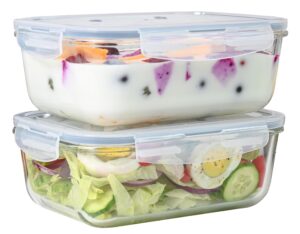 4pc set of 8 cup large glass food storage containers with lids - airtight meal prep container with lid lock - freezer microwave & oven safe clear lunch bowl, stackable baking pantry organizer