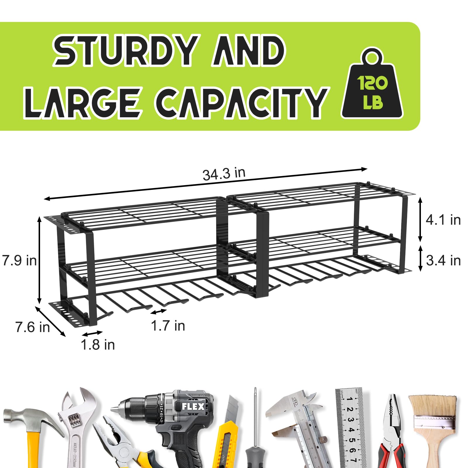 POSHGRAND Power Tool Organizer, 8 Drill Holder Wall Mount, 3 Layers Garage Tool Organizers and Tool Storage Rack, Heavy Duty Metal Tool Shelf for Screwdriver Plier Hammer Holder 17.15" 2 sets