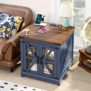 Joaxswe Farmhouse End Table with Charging Station, 24" Large Sofa Side Table with Glass Barn Door, Blue Nightstand with Adjustable Storage Shelf,Wood Square Bedside Table for Living Room,Bedroom