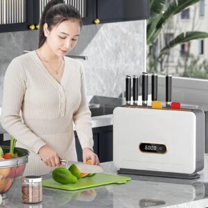 Smart Knife Holder, UV Cleaning Knife Utensil Holder with Integrated Cutting Boards Storage for Kitchen Countertop, 14.7 x 4 x 11.8 (White)