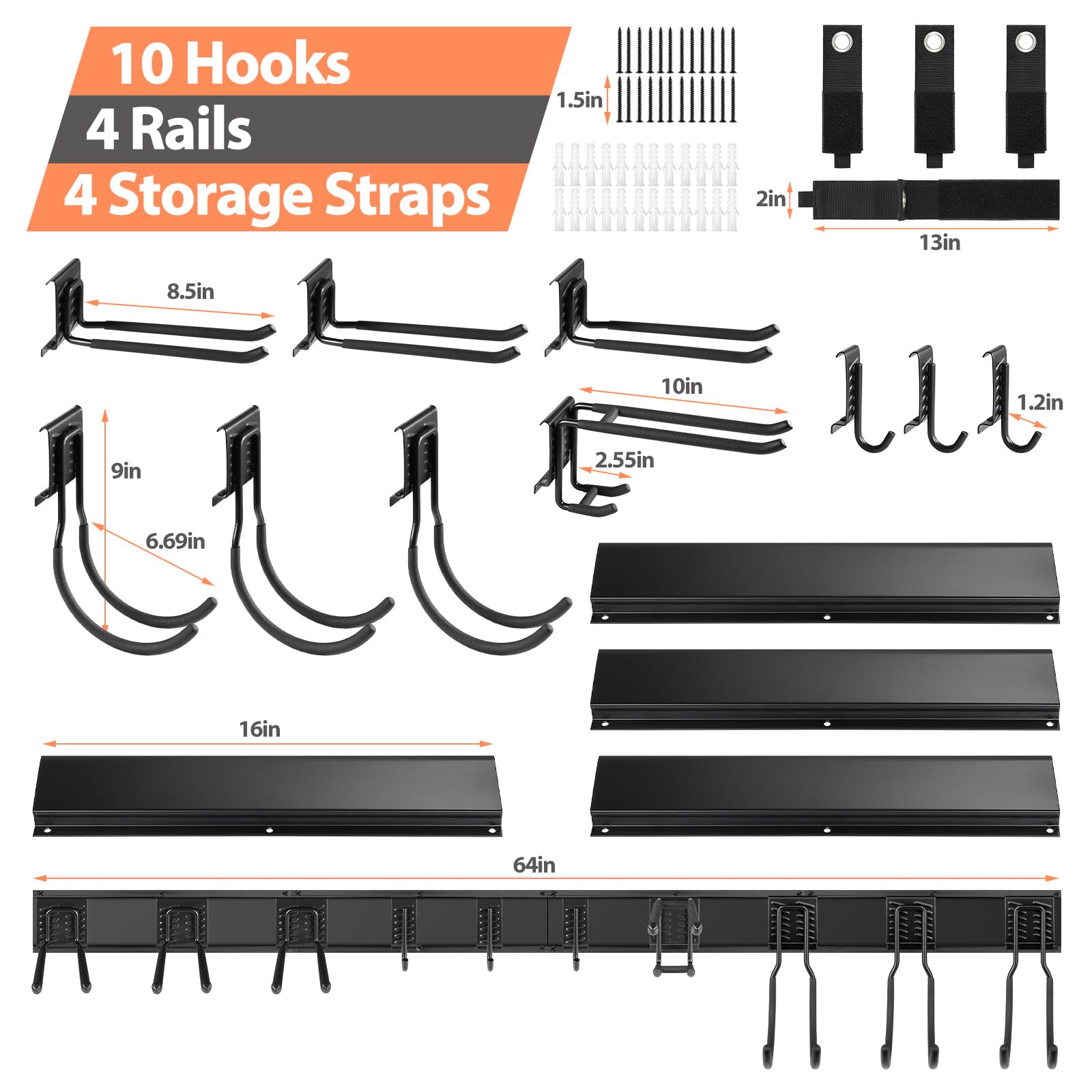 Waturis Garage Wall Organizer, 64 Inch Heavy Duty Garden Tool Organizer, 18PCS Adjustable Tool Storage Rack for Garage Storage Organization Yard Shed Tool Organizer