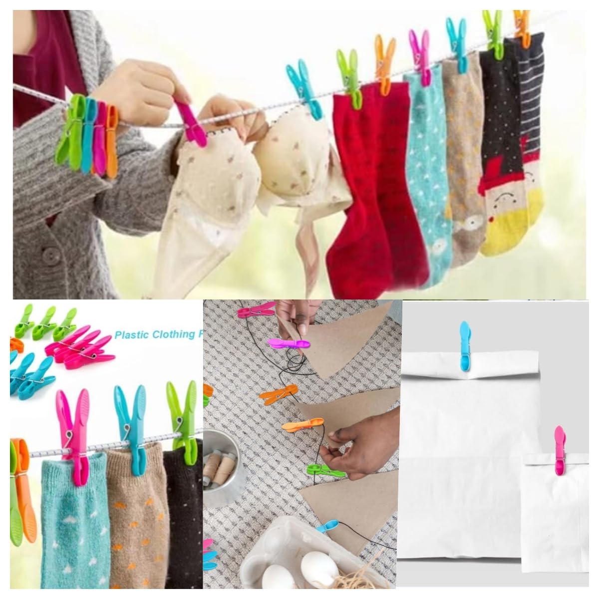 72Pcs Colorful Clothes pins, Springs Laundry ClothesPins, Plastic Air-Drying Sock Clips Closing Chip Snack Bags Clip - 2Pcs Clothes Line Outdoors 5m for Travel