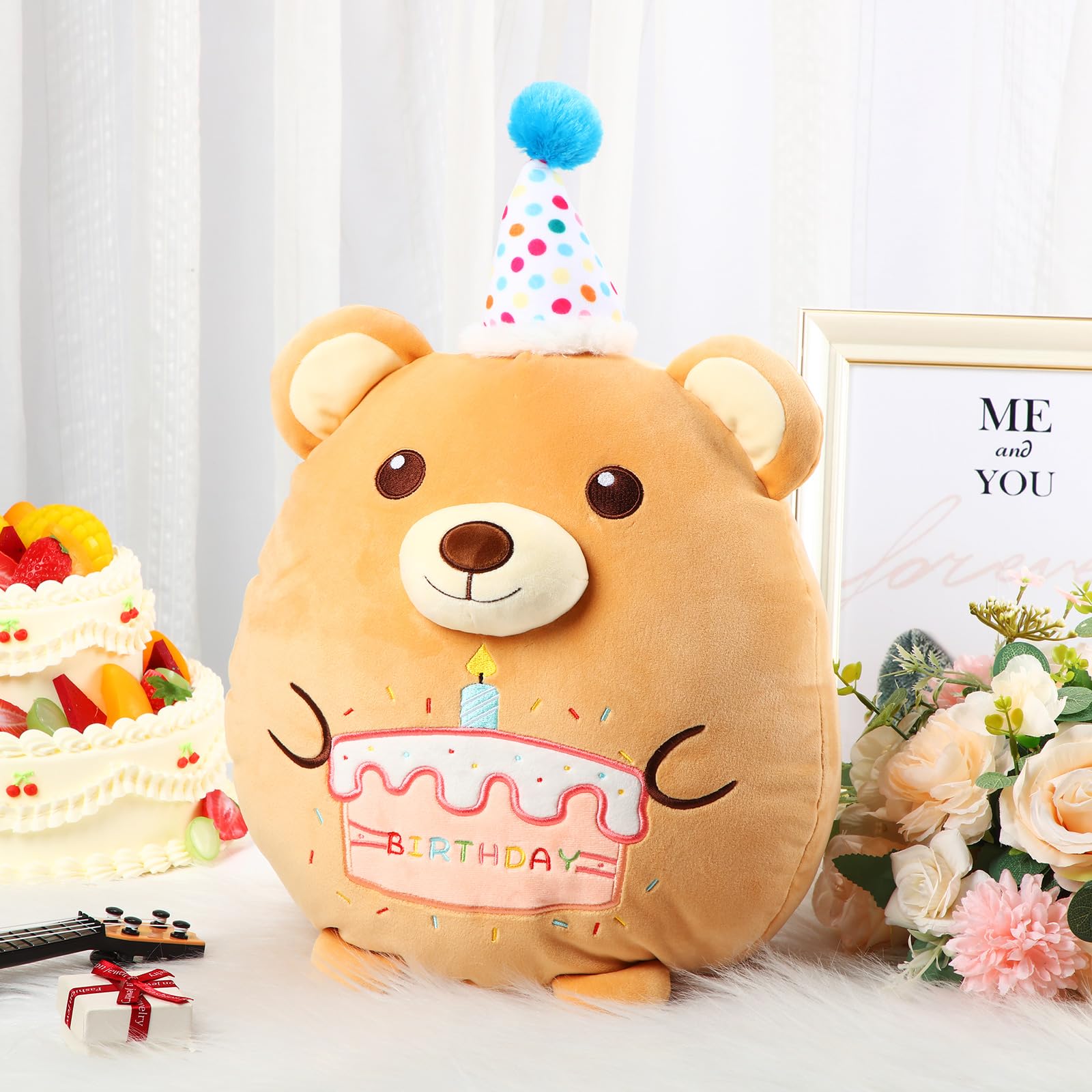 Leyndo 16 Inch Birthday Stuffed Animals Cute Bear Plush Throw Pillow Birthday Plush Gift Soft Bear Pillow Plushie for Kids Adults Birthday Party Favor Gift Sofa Bedroom Decorations