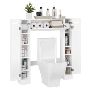 Over The Toilet Storage Cabinet, Bathroom Space Saver with Paper Holder and Adjustable Shelves, Freestanding Toilet Cabinet Organizer with 2 Side Doors and Pull-Down Door, White