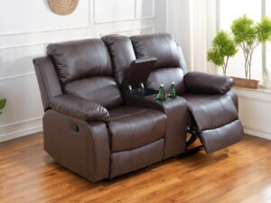 dekmxas 2 seater recliner loveseat, bonded leather couch living room furniture, manual reclining loveseat couch with cup holders and storage console for home/rv car(bonded leather brown, loveseat)