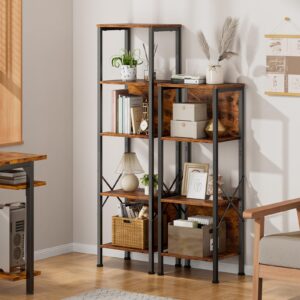 Furologee 4 Tier Small Bookshelf with Back, Short Narrow Bookcase with Shelves, Industrial Freestanding Shelf Units, Metal and Wooden Display Storage Rack for Bedroom, Living Room, Office, Entryway