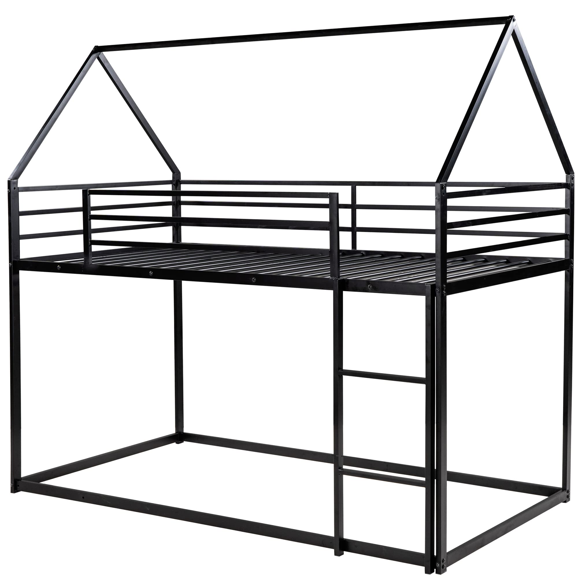 LostCat Bunk Bed Twin Over Twin, Twin Size House Floor Bunk Beds w/Safety Guardrail and Ladder, Space Saving Design, No Box Spring Needed, Black