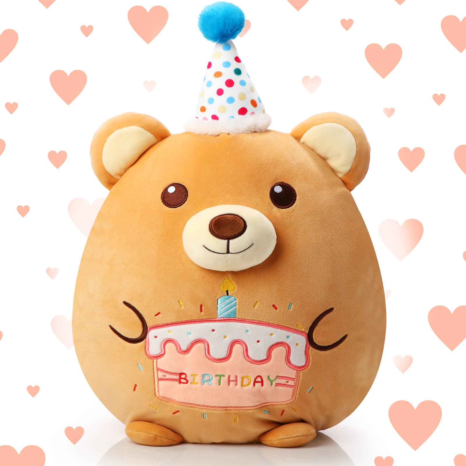 Leyndo 16 Inch Birthday Stuffed Animals Cute Bear Plush Throw Pillow Birthday Plush Gift Soft Bear Pillow Plushie for Kids Adults Birthday Party Favor Gift Sofa Bedroom Decorations